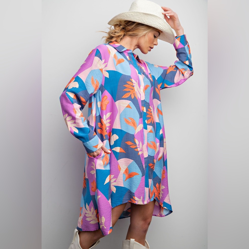 Vibrant Floral Long-Sleeve Shift Dress in Blue & Purple